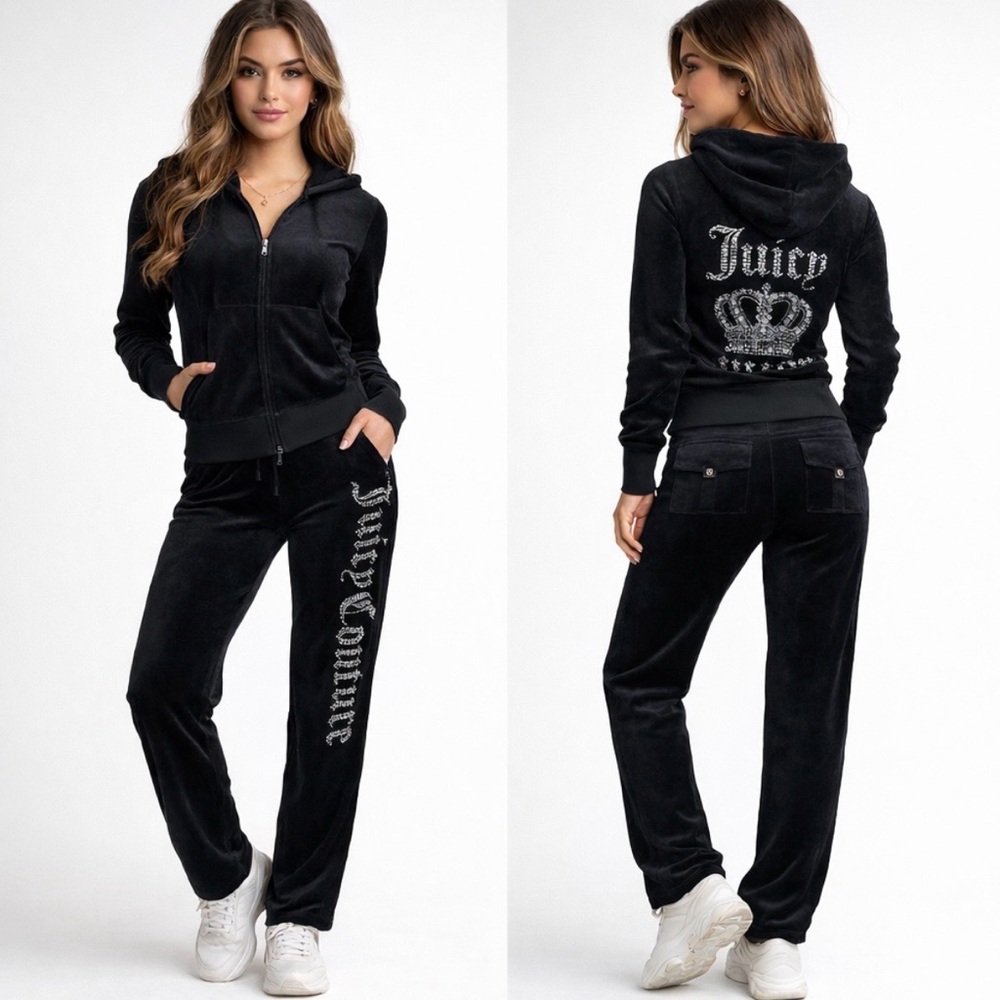 Juicy Couture Black Velour Zip Hoodie & Pants Set